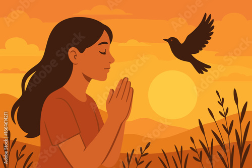 Woman praying at sunset with a free bird flying. Concept of hope, faith, freedom, spirituality, gratitude, peace, and releasing worries. Modern flat vector illustration.