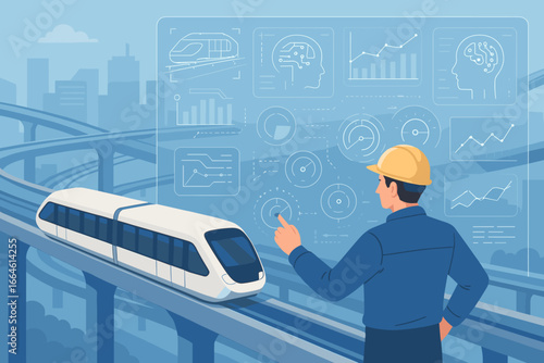 Transport technology concept with engineer technician using virtual interface control panel and AI software to inspect and control electric monorail railway system operation in a futuristic city