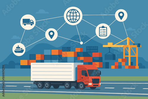 Transportation and logistics concept with cargo truck on motorway and industrial container yard, network distribution icons, global shipping, freight and delivery illustration