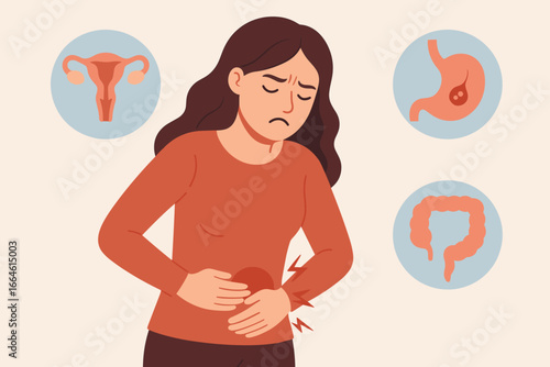 Woman Touching Painful Stomach Suffering From Stomachache Causes Menstruation Period Gastric Ulcer Appendicitis Gastrointestinal System Disease Healthcare Concept