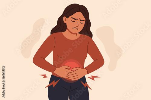 Woman suffering from stomach pain holding abdomen, menstrual cramps, gastriculcer symptoms, appendicitis and gastrointestinal disease concept, healthcare and wellness vector illustration