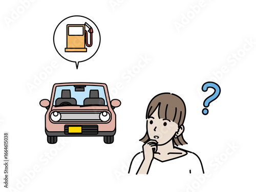 自動車のガソリンの入れ方について考える女性のイラスト