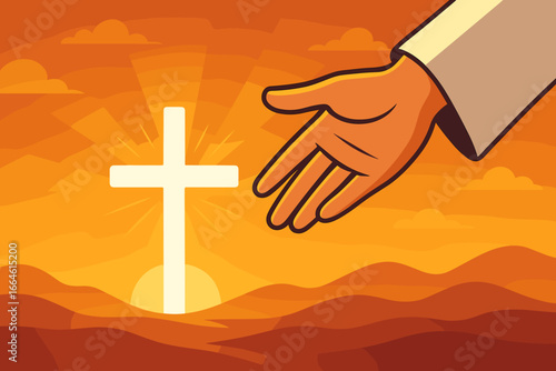 God's helping hand with white cross at sunset. Christian religion concept of salvation, faith, and hope. Divine grace and mercy. Spirituality and belief vector illustration.