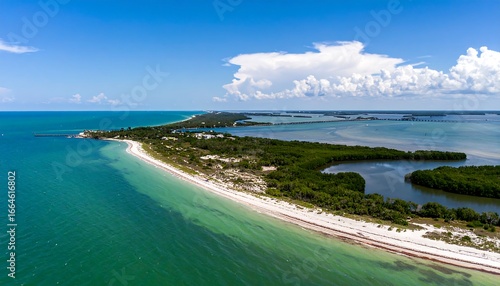 Aerial view of a coastal beach and mangrove bay.