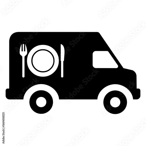 Logo reparto de comida a domicilio. Icono silueta de furgoneta con plato y cubiertos 