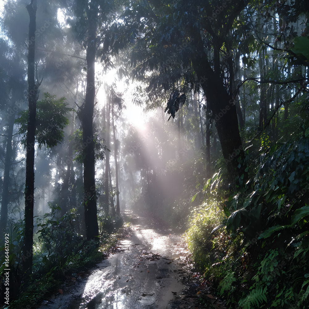 Fototapeta premium Sunlit Forest Path with Mist and Tall Trees in Green Natural Setting