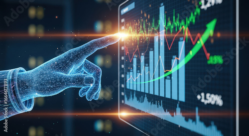 Digital Hand Interacting with Stock Market Chart Displaying Upward Trends and Financial Growth Representing Investment Opportunities and Economic Development