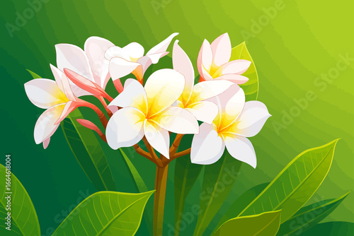 The image shows a cluster of Plumeria flowers (commonly known as Frangipani) in full bloom. The blossoms are white with soft yellow centers, radiating a delicate and tropical beauty. Some buds are sti