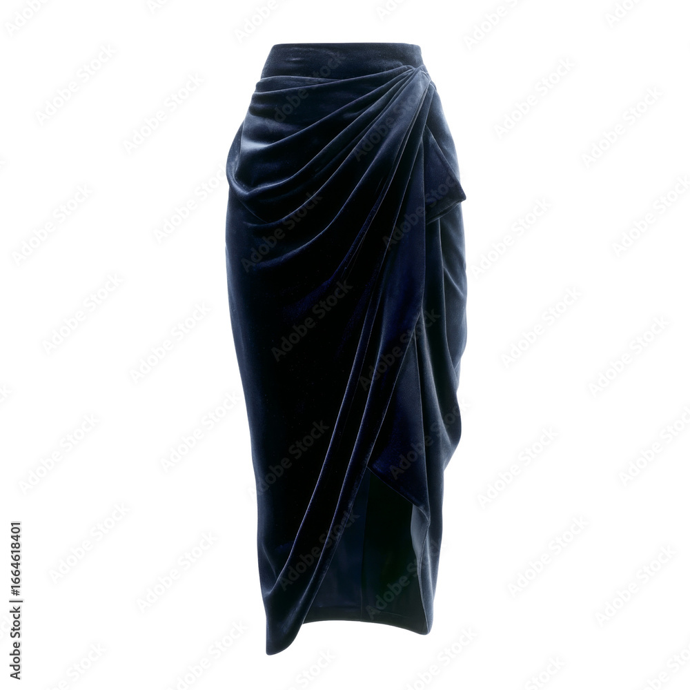 Naklejka premium Elegant navy blue satin skirt with draped design, perfect for formal occasions and evening wear. This stylish piece adds sophistication to any outfit