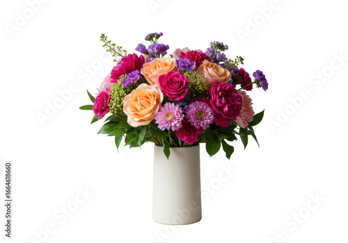 Wallpaper Mural Fresh floral bouquet with peach, pink, magenta, purple blooms, green foliage, white vase, clean background, soft natural light, serene beauty concept Torontodigital.ca