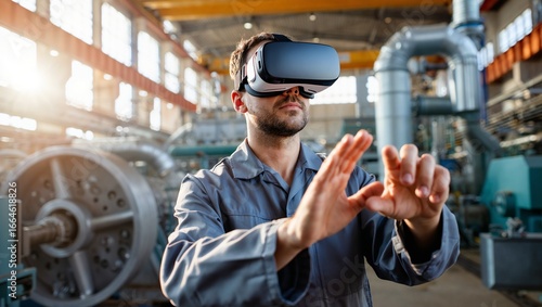 Wallpaper Mural Person in VR headset and workwear interacting via hand gestures in large industrial facility. Machinery and piping suggest tech-driven training or simulation in modern industry. Torontodigital.ca