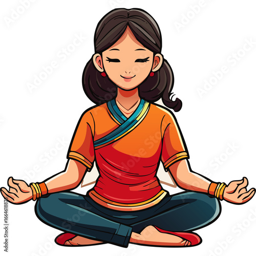 Woman sitting in lotus position and meditating vector illustration. Image of yoga pose and healthy lifestyle and mental health