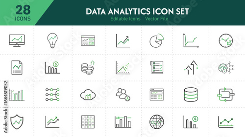  Minimal Line Data Analytics Icons Set – 28 Editable Vector Icons for Statistics, Business Intelligence, Charts, Graphs, Reports, Machine Learning, Finance, Cloud, and Performance Analysis