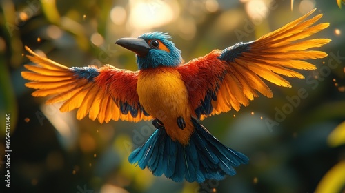 A colorful bird with vivid feathers gracefully flies amid green leaves and warm sunlight
