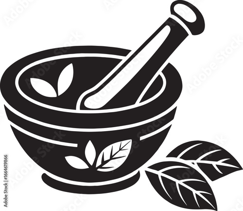 Herbal mortar pestle with leaves for natural remedies
