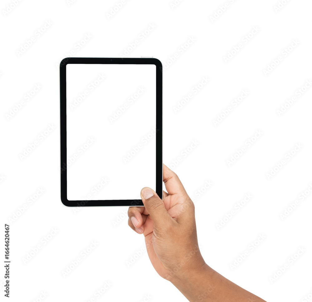 Hand holding digital tablet with mockup of blank screen on isolated white background Hand holding digital tablet with mockup of blank screen on isolated white background