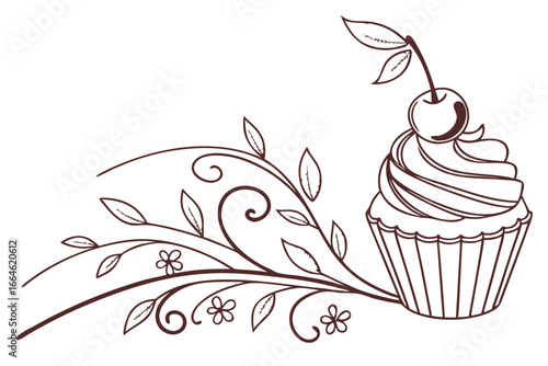 Vector art of elegant cupcake with cherry and floral swirl, perfect for adding a touch of sweetness to your designs