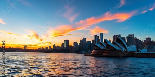Sydney Harbour iconic skyline at sunset, shimmering water reflections,  travel photography,  city