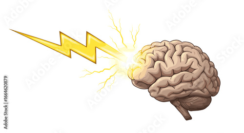 Lightning Bolt Striking Human Brain Symbolizing Idea Shock Or Mental Impact Isolated On White Background