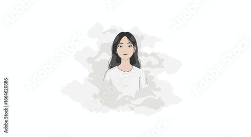 Young Woman Peaceful Serene Calm Expression Surrounded by Soft Wispy Clouds Isolated on White