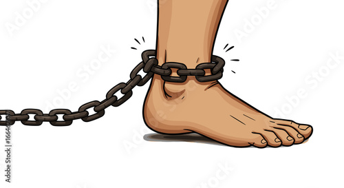 Human ankle bound by heavy metal chain isolated on white background symbolizing imprisonment and lack of freedom