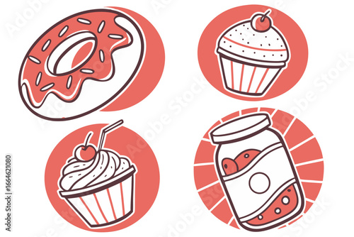 Vector art of collection of donut, cupcake and jam jar icons in retro style for bakery shop or cafe menu design
