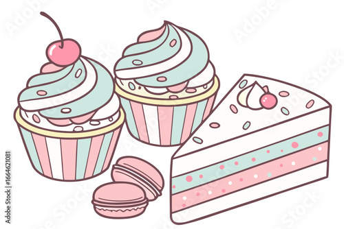 Vector art of cute cupcakes, cake slice and macaroons illustration with pastel colors for dessert concept
