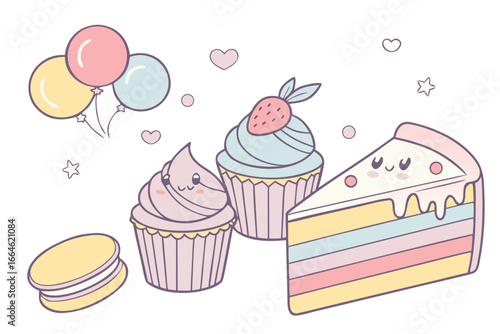 Vector art of cute cupcakes, cake slice and macaroons illustration with balloons and pastel colors