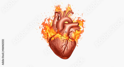 Burning human heart symbol of passion love and intense emotion isolated on white background