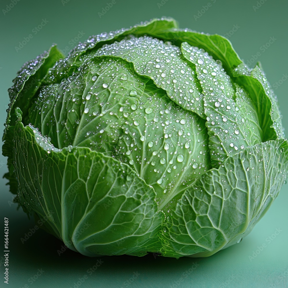 Fototapeta premium Cabbage with water droplets shines brightly against a green background in morning light