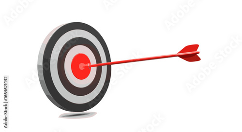 Red arrow hitting bullseye on target board isolated on white background success strategy business goal achievement aiming accuracy concept