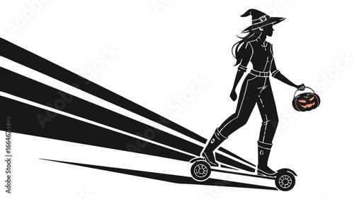 Halloween Spooky Witch Character on a Hoverboard with a Glowing Pumpkin Jack-o'-Lantern Silhouette Vector 