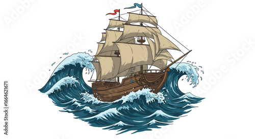 Vintage Wooden Sailing Ship Navigating Through Stormy Ocean Waves Illustration Isolated on White Background