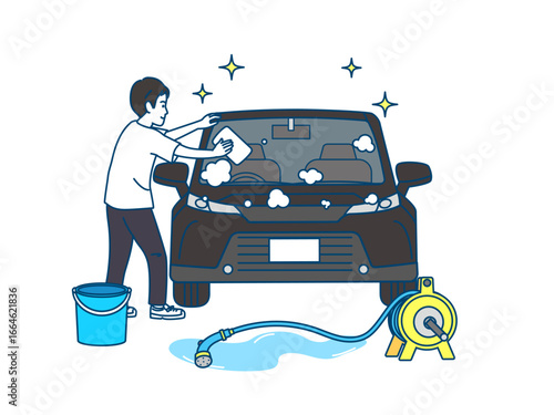 自動車を洗車する男性のイラスト