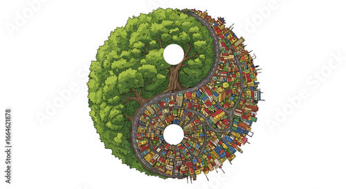 Harmonious Balance Between Nature and Urban City Life Yin Yang Symbol