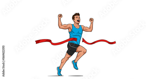 Excited Male Runner Breaks Through Finish Line Ribbon Victorious Celebrates Winning Marathon Race