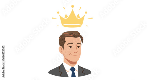 Successful businessman wearing a golden crown symbolizing leadership and achievement isolated on white background