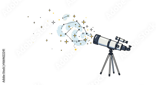 Telescope Discovering Stars and Constellations on a White Background