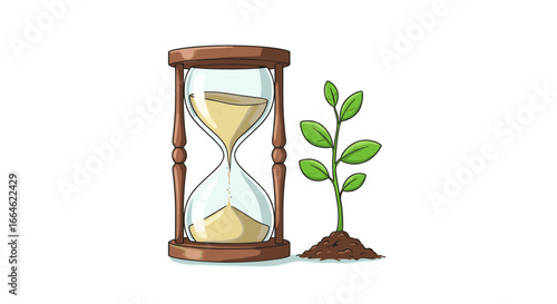 Hourglass Measuring Time Next to Growing Plant Symbolizing Growth And Time Management
