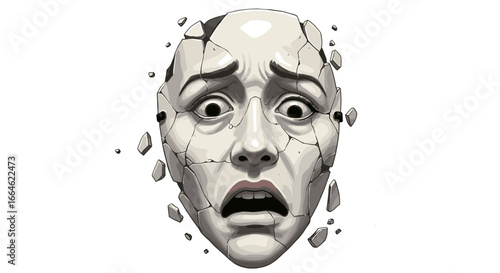Cracked Human Face Expressing Intense Fear and Distress Isolated on White Background