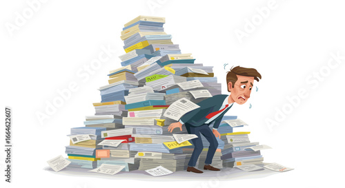 Stressed businessman overwhelmed by huge pile of documents and paperwork isolated on white background