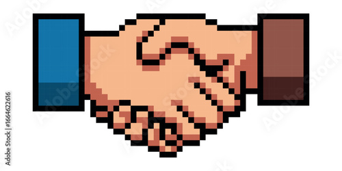 Pixel art handshake icon. Two hands shaking in retro 8-bit style, symbolizing agreement, teamwork, partnership, and business deal