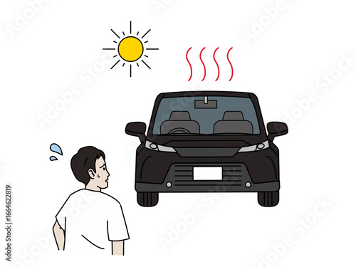 夏の車の暑さに困る男性のイラスト