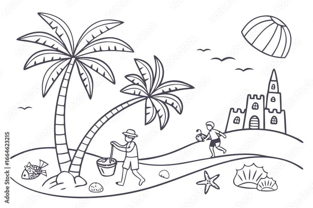 Naklejka premium Vector art of hand drawn summer beach scene with palm trees, sandcastle, and people vector illustration in doodle style