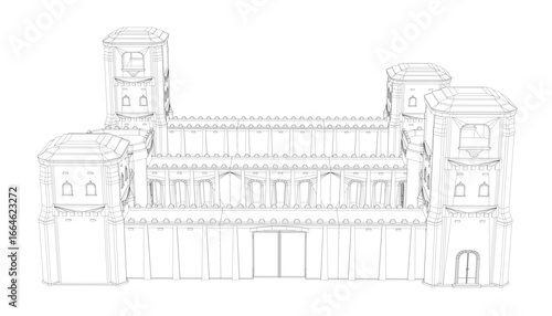 Modular wireframe illustration of the Tower of London fortress, featuring a detailed clock tower and intricate architectural elements in a black and white drawing.