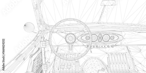 Retro sport car interior wireframe blueprint with detailed steering wheel, dashboard, and control panels in a 3D model design.