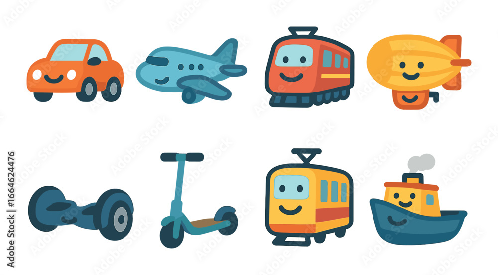 Fototapeta premium Cartoon transportation icons: car, plane, train, blimp, hoverboard, scooter, boat