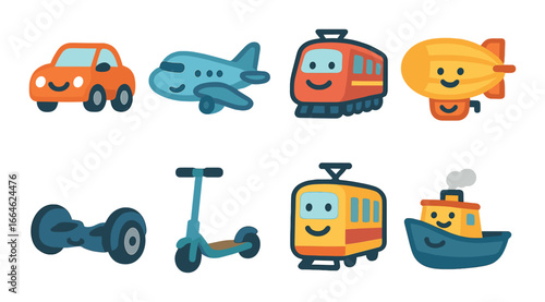 Cartoon transportation icons: car, plane, train, blimp, hoverboard, scooter, boat