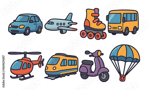 Colorful cartoon vehicles collection: car, plane, roller skate, bus, helicopter, train, scooter, parachute