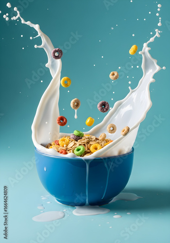 Mangkuk sereal yang lezat dengan percikan susu menciptakan suasana sarapan yang menggiurkan, cocok untuk promosi makanan sehat atau iklan sarapan yang penuh warna